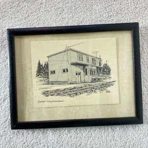 Vintage Goodbies Newfoundland Framed Black and White Train Station Sketch